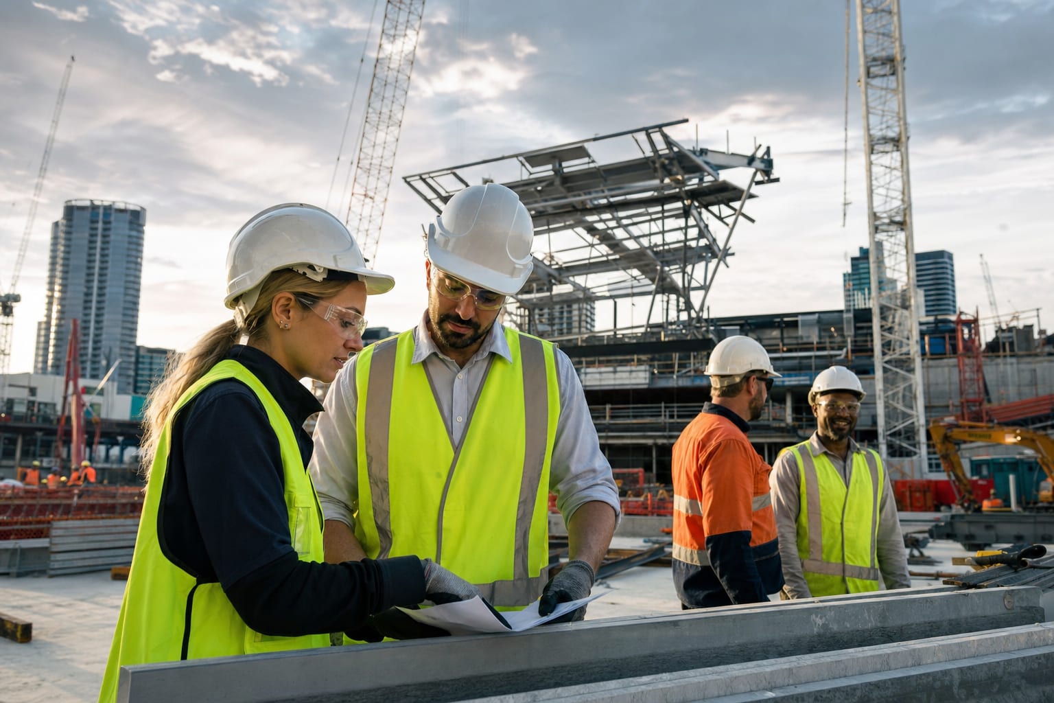 Construction workers in hi-vis on an active Australian building site