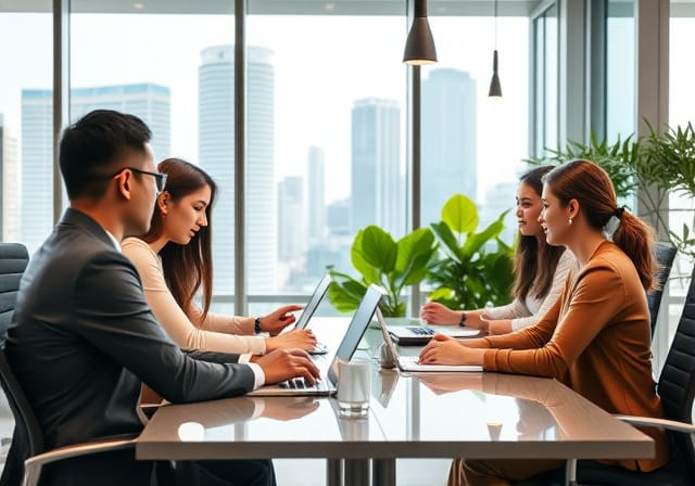 Filipino workers and recruitment specialists in a modern office setting
