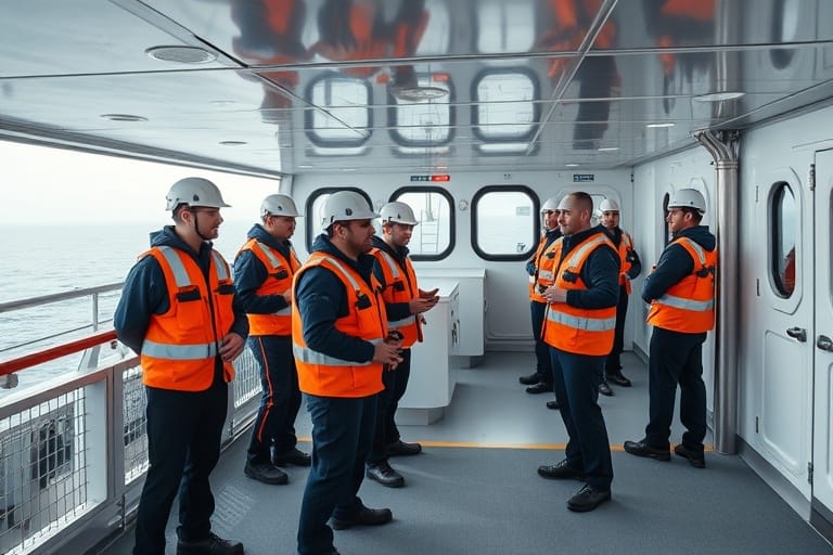 Maritime professionals at work on a commercial vessel deck