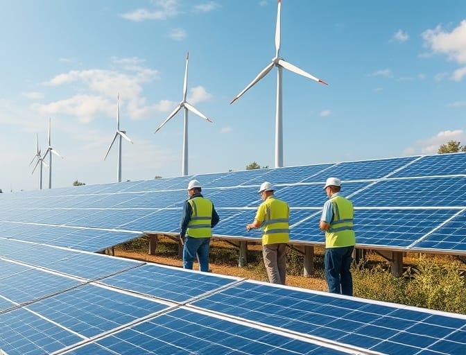 Renewable energy professionals working on solar and wind projects