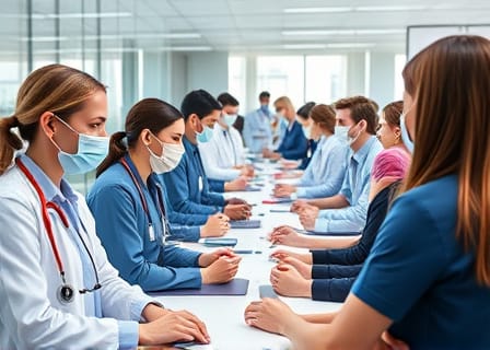 Large-scale healthcare recruitment operation interviewing nurses and medical professionals